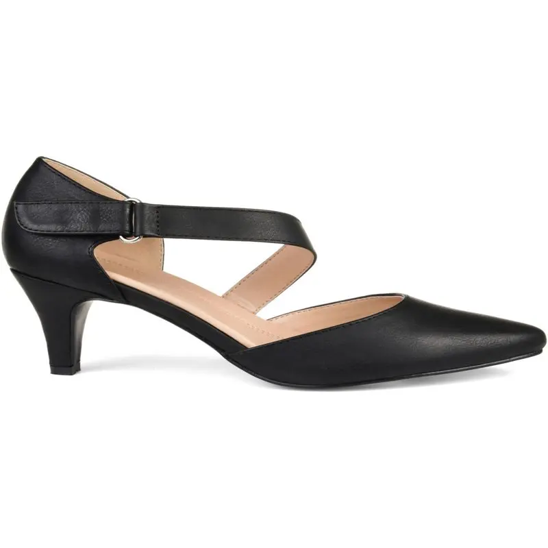 

Womens Black Dorsay Asymmetrical Strap Adjustable Padded Tillis Pointed Toe Kitten Heel Pumps 7.5 M