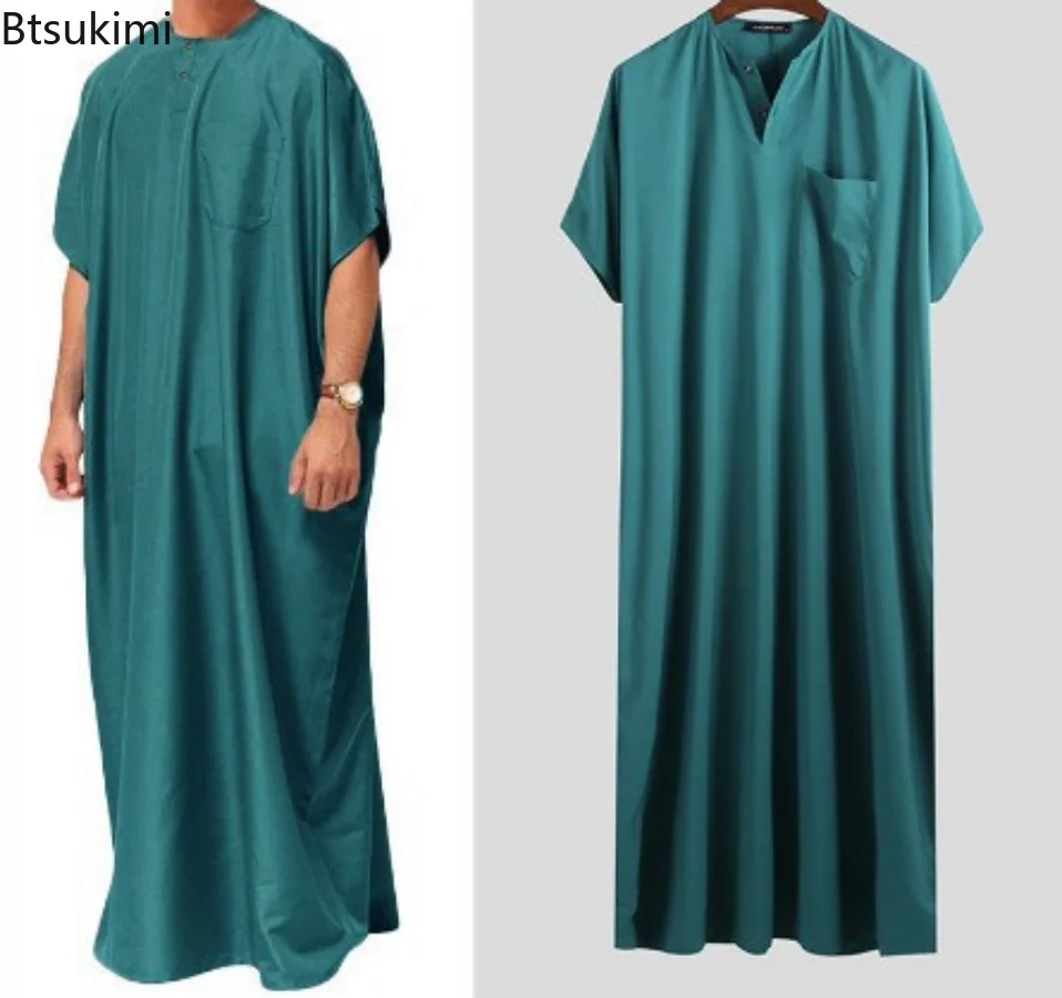 New 2023 Men Islamic Arabic Kaftan Vintage Solid Short Sleeve Loose Retro Robes Abaya Dubai Middle East Muslim Clothing S-5XL