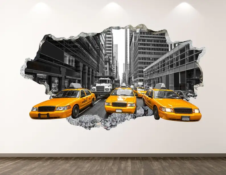 

Желтая такси Наклейка на стену-Нью-Йорк 3D разбитая стена художественная наклейка для детской комнаты Декор виниловый домашний постер польз...