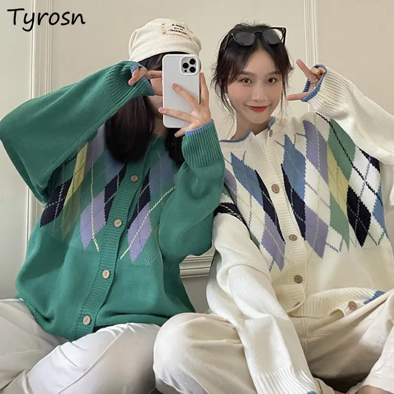 

Женский кардиган с длинным рукавом, зеленые свободные джемперы с узором ромбиками, универсальные вязаные кардиганы с круглым вырезом в Кор...