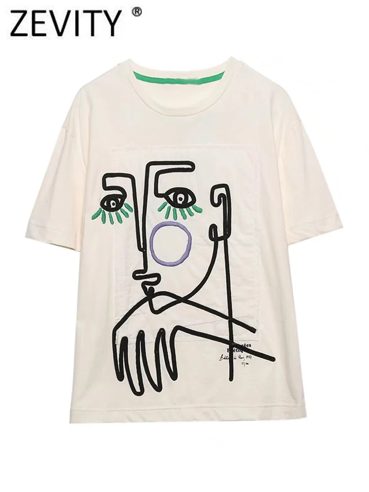 

Zevity Summer Women Fashion Contrast Color Embroidery Casual T Shirt Female Basic O Neck Short Sleeve Chic Leisure Tops T1194