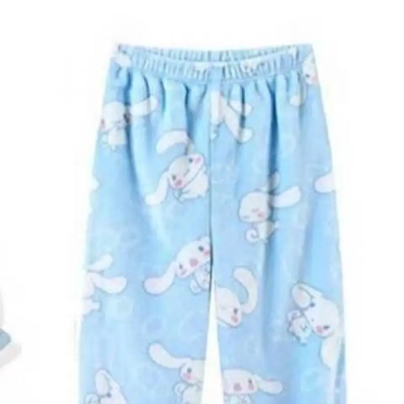 Kawaii Sanrio Y2K Cinnamoroll Blue Pajama Pants Women Soft Home Trousers Harajuku Kawaii Soft Plush Loose Tube Trousers Flannel
