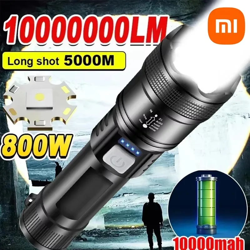 Фото Мощный светодиодный фонарик Xiaomi, ультра яркий тактический фонарь высокой мощности, аварийный прожектор, телескопический зум-светильник, встроенный аккумулятор №1