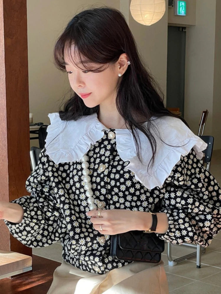 

Korobov Chic Age Reduction Blouse Doll Collar Jacquard Shirt French Vintage Sweet Top Long Sleeve Pearl Button Roupas Femininas