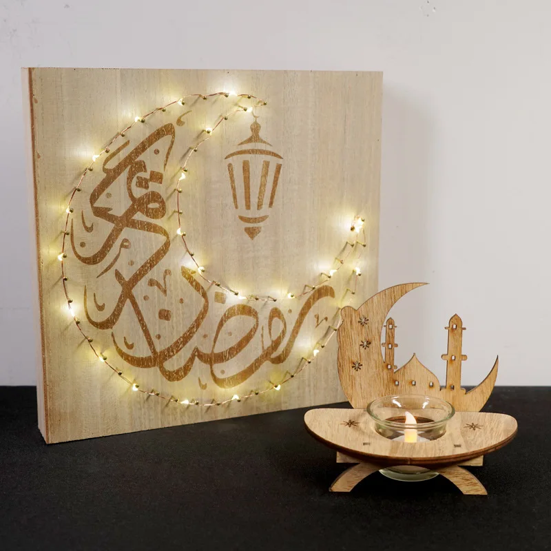 

Ramadan Eid Mubarak Wood Craft LED Candle Lamp Moon Wooden Wall Decor for Home Hanging Ornament Light Islam Muslim Party Supplie