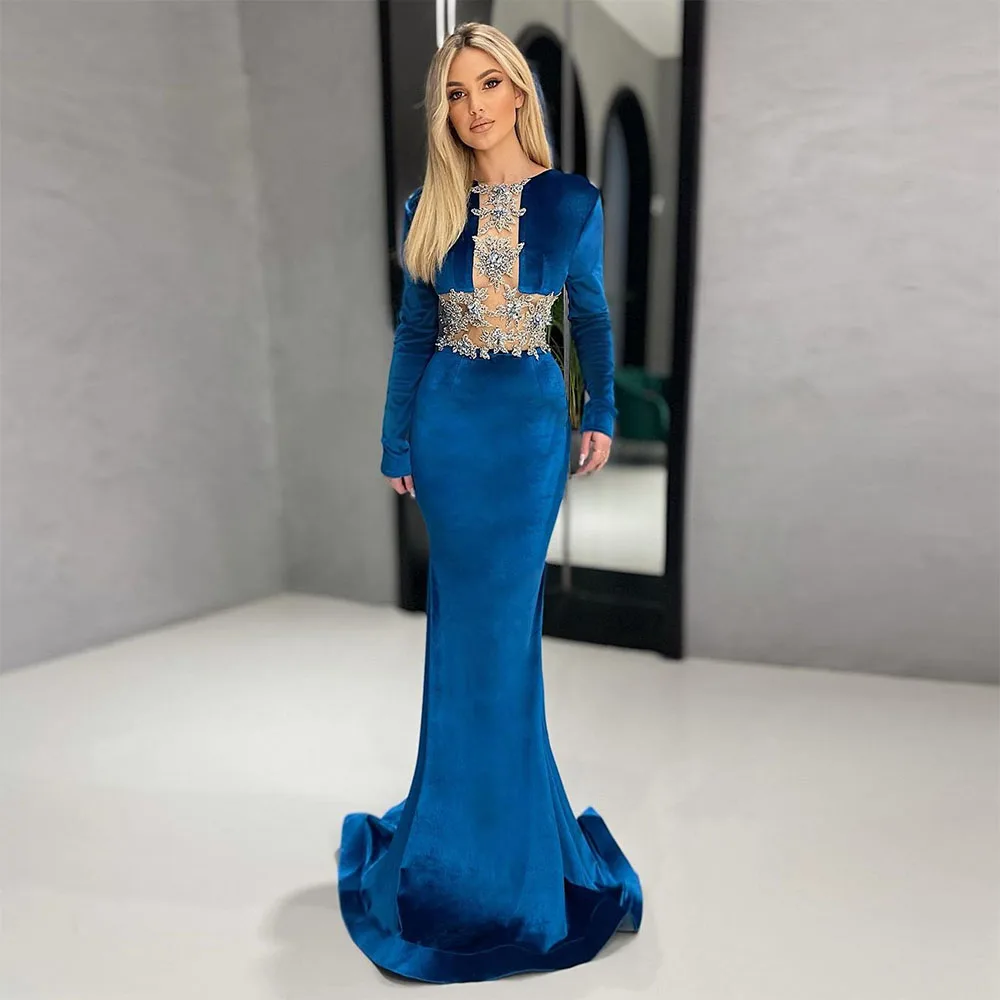 

Royal Blue Velvet Mermaid Prom Dresses Crystal Beading Sequined Long Sleeve Flowers Formal Evening Gowns Vintage Women