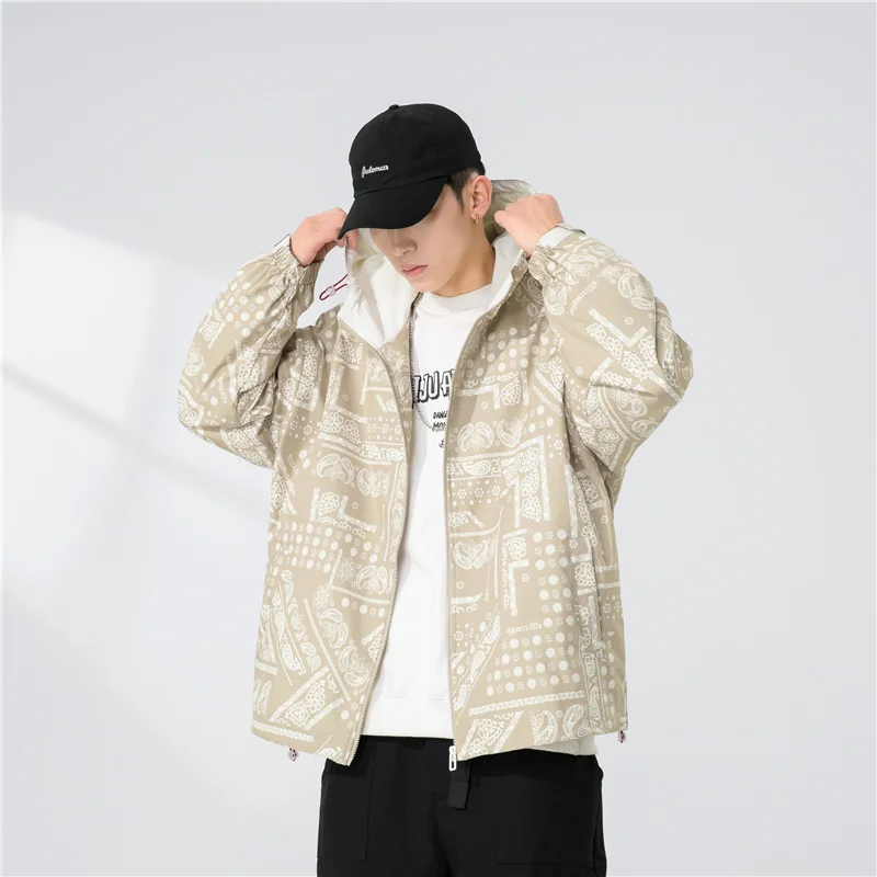 Spring Autumn 2022 Student Youth Men's Coat Design Thin Windbreaker Korean Style Simple Baggy Hooded Print Jacket