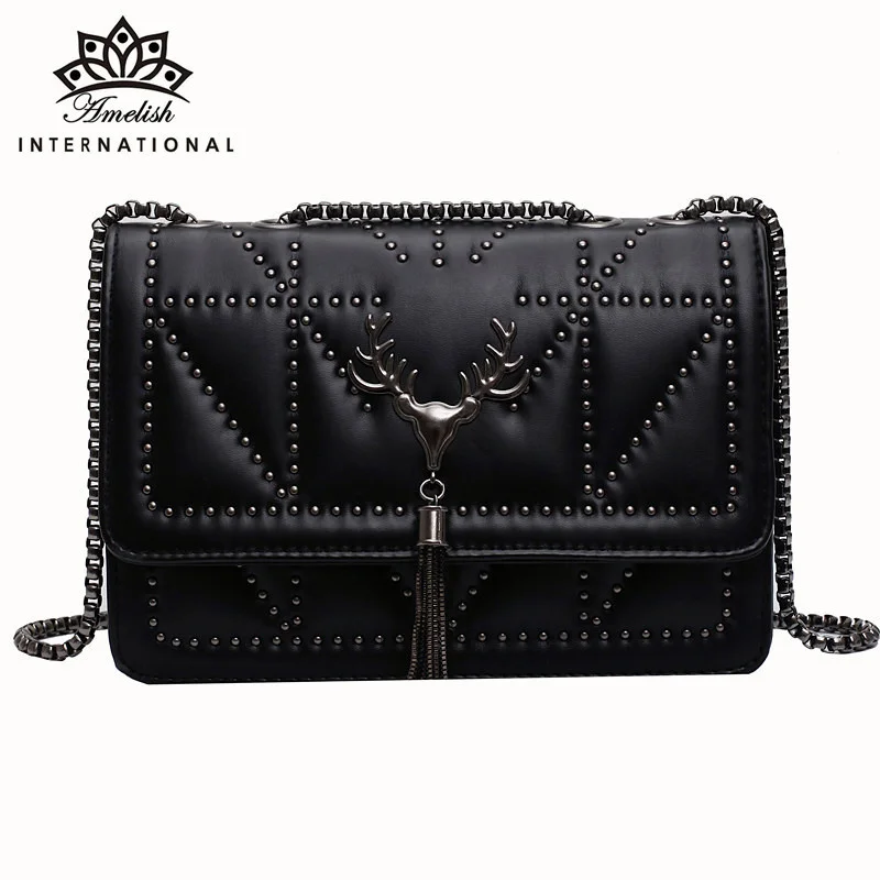 

AMELISH Women Bag Designer Rivet Tassel Shoulder Handbag High Quality Black PU Leather Chain Purses for Lady Party Gift