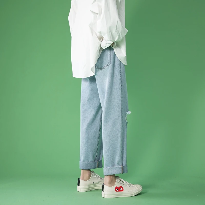 2022 Spring and Summer New Washed Denim Trousers Men's Ripped Fashion Simple Trendy Casual Slim Trousers Men