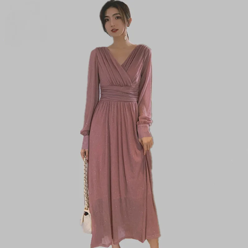 

2022 Spring Fall Vintage Long Sleeve Elegant Boho Dress Elegant Women Shiny Tucked Waist Temperament V-Neck Long Dresses Fashion