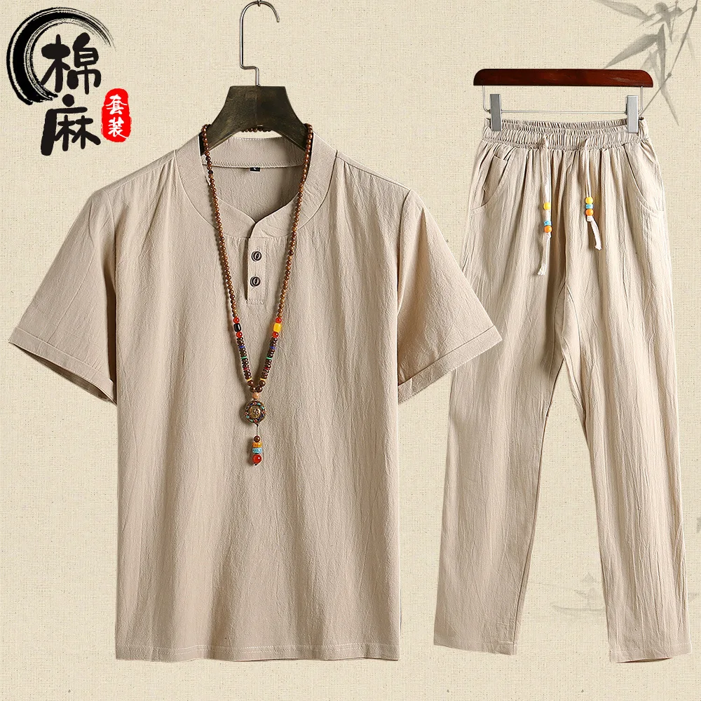 

Summer Chinese Style Cotton and Linen Suit Men's Short-sleeved T-shirt Nine-point Pants Two-piece Men's Clothing