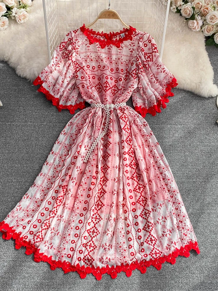 

FMFSSOM Summer New Women Fashion O-Neck High Waist Slim A-Line Dress Female Casual Elegant Short Sleeve Dress With Belt