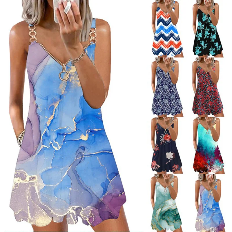 

Fashion Print Zipper Party Vest Dress Women New Sexy Summer Casual Backless V Neck Elegant Loose Sleeveless Sling Dress