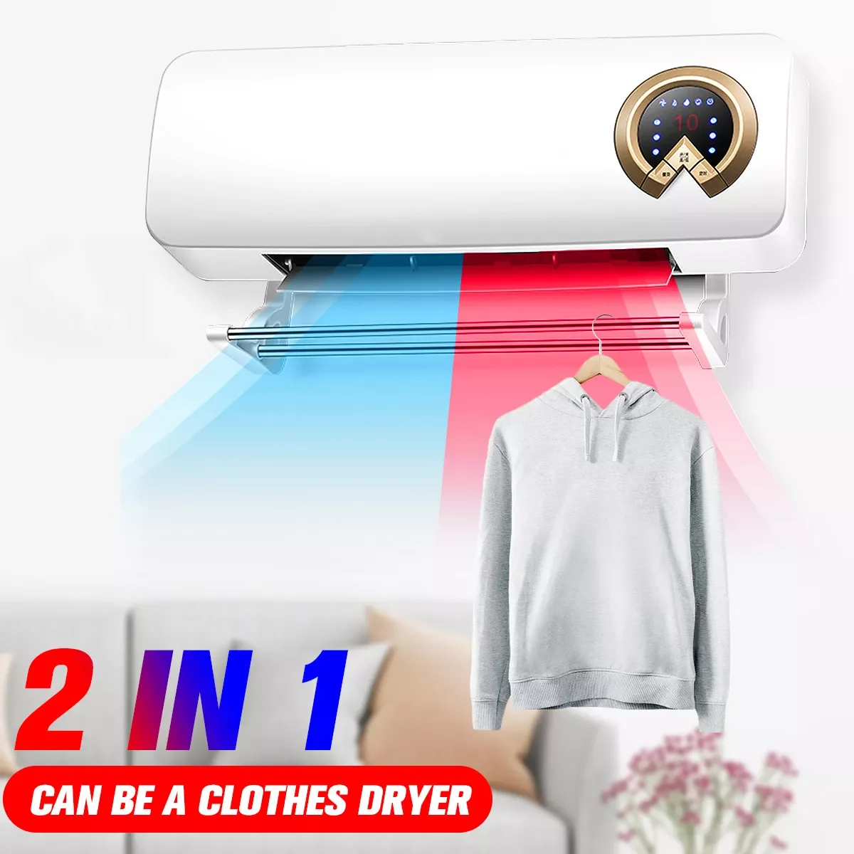 

2000W 2IN1 Wall Heating and Cooling Air Conditioner LED Digital Display PTC Heater Clothes Dryer Rack Heating Remote Control