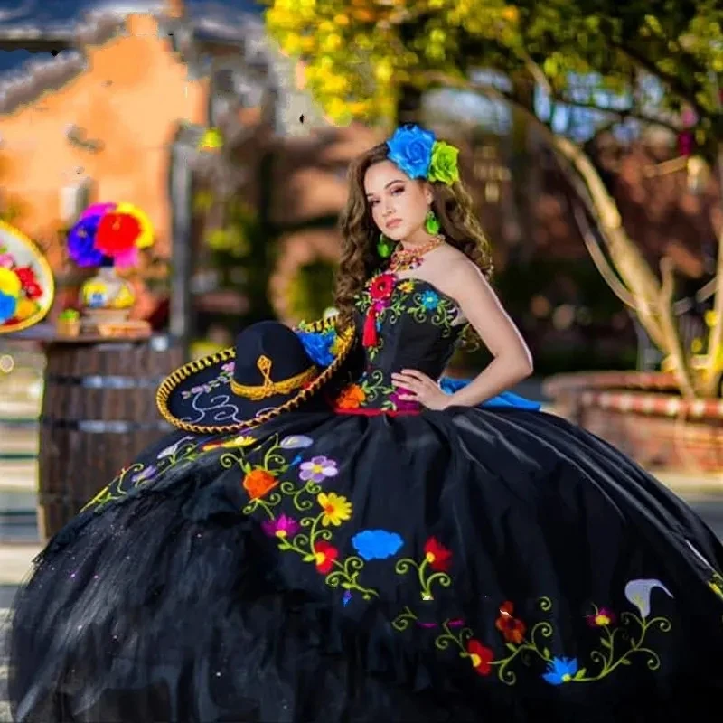 

Black Charro Quinceanera Dresses Ball Gown Sweetheart Tulle Satin Embroidery Puffy Mexican Sweet 16 Dresses 15 Anos