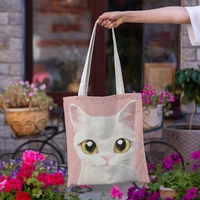 fashion cute cat print canvas shoulder bag harajuku eco reusable handbags casual simple various styles shopping bag for female