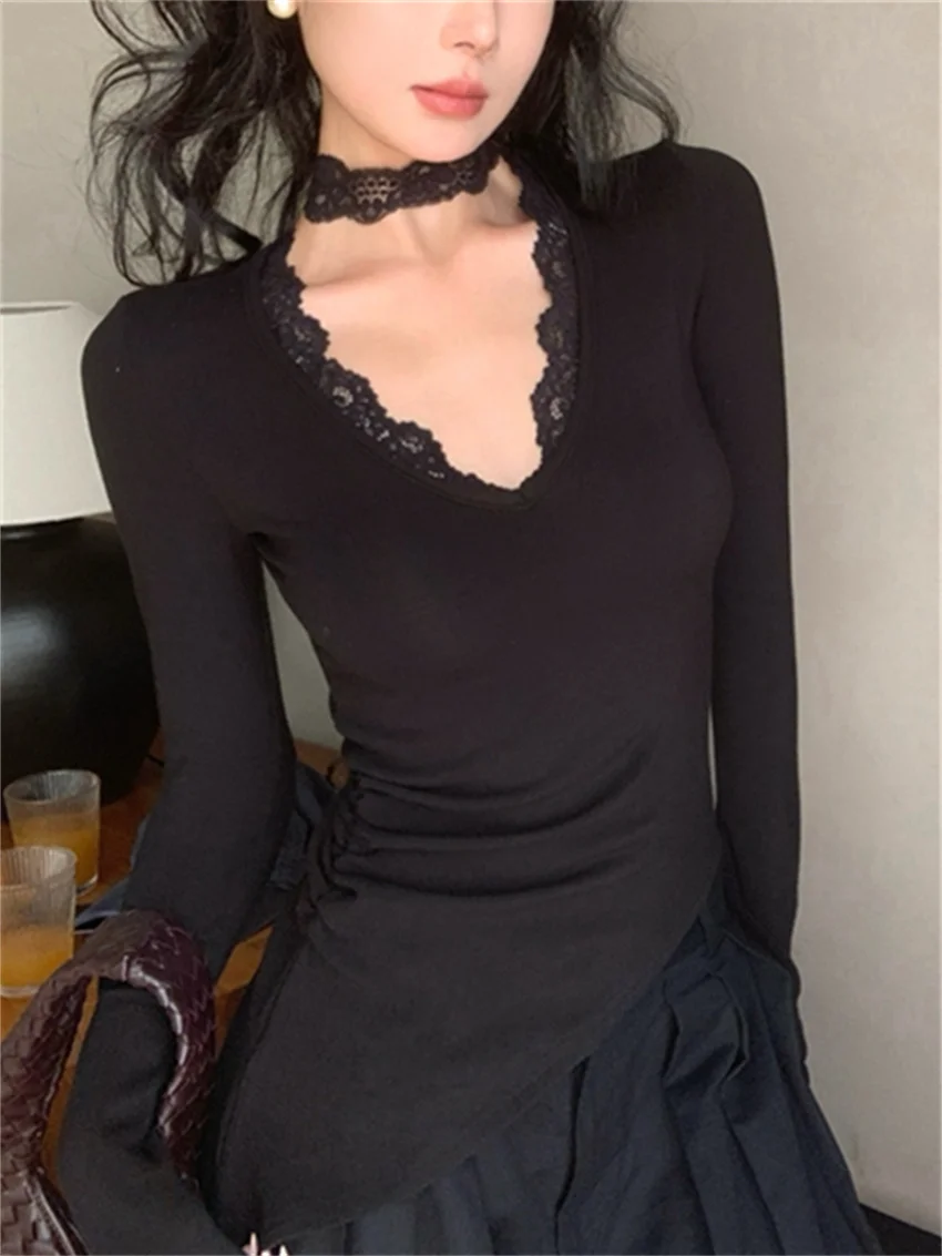 Женская Кружевная футболка с V-образным вырезом и длинным рукавом