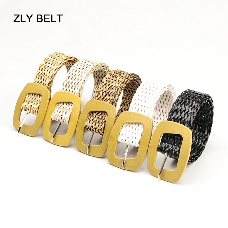 ZLY 2023 New Fashion Belt Vintage Style Imitation Wood Button Rattan Woven Belt Versatile Dress Shirt Suit Pants Trend Waistband