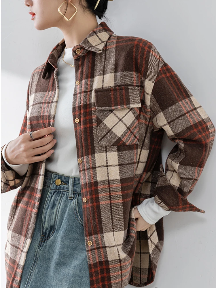 Клетчатая блузка в корейском стиле женская одежда винтажные блузки с карманами и