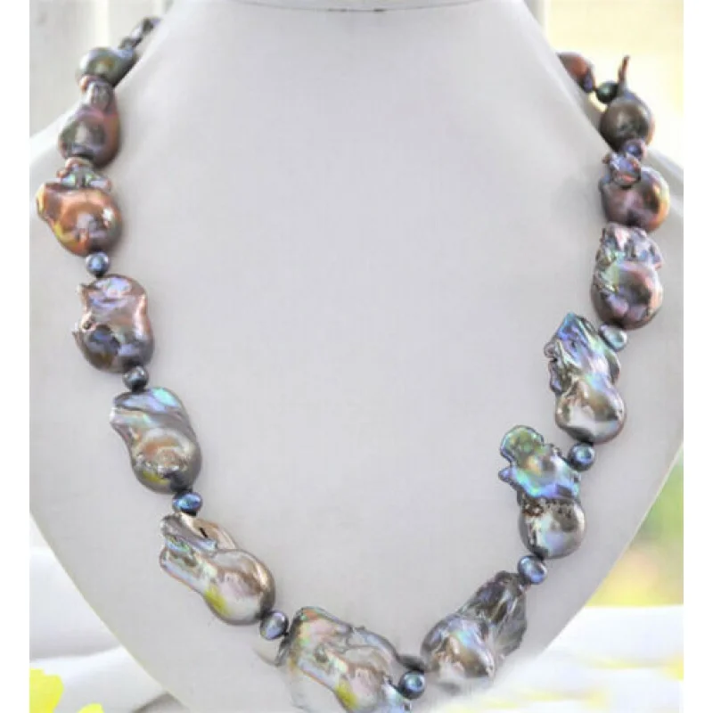 

Big 18-28mm Peacock Black Brown Baroque Keshi Reborn Pearl Necklace 22 Inch