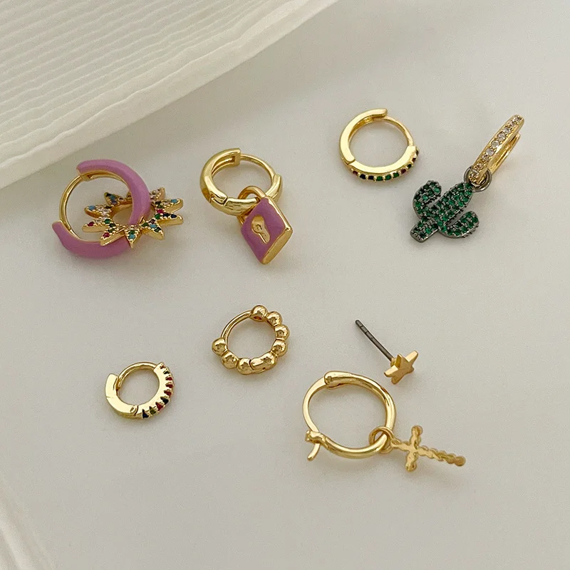 

Minar Dainty Brass Gold Hoop Earring Sets Cute Zircon Cactus Cross Earrings Hoops Colorful Star Lock Huggie Earring for Women