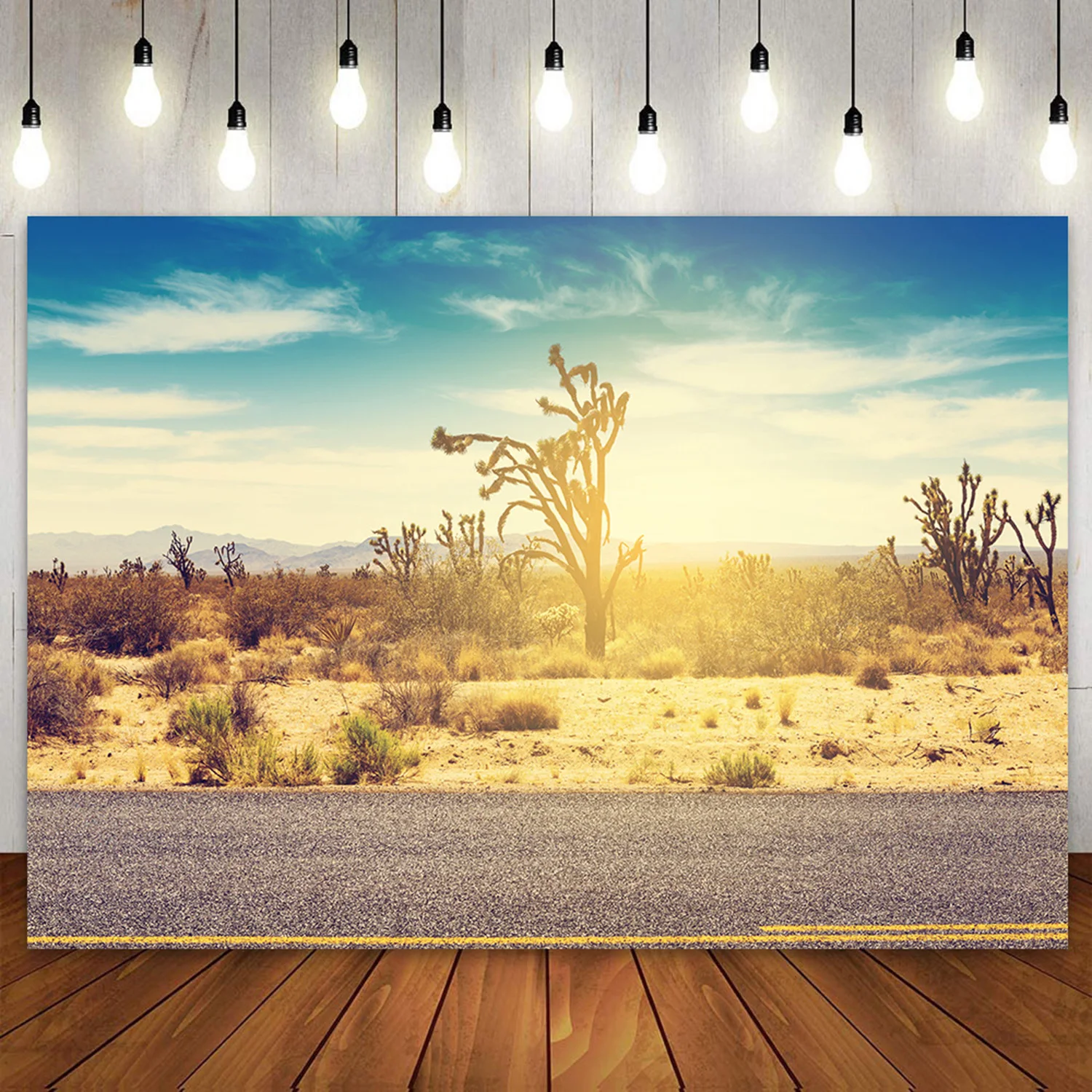 

Highway Route 66 Travel Backdrop Runway View Blue Sky Clouds Birthday Party Photography Background West Road Tropical Desert