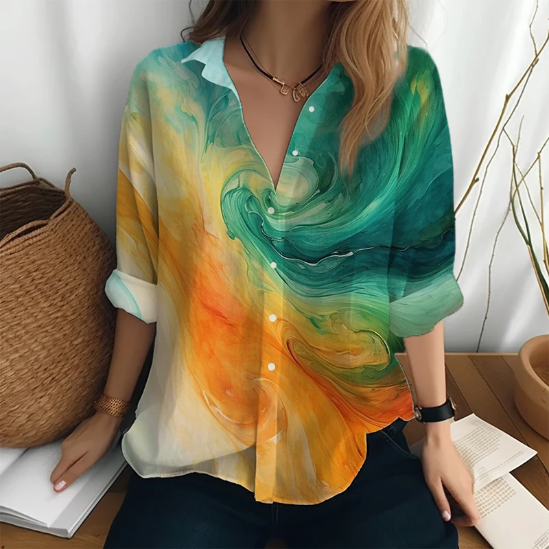 

Unique Creative Colorful Printed Shirt Daily Commute Shirt Women's Loose Casual Shirt Tops Autumn Basic Long -sleeved Shirt