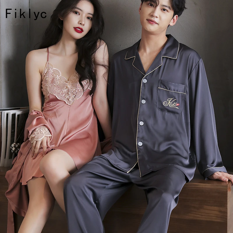 

Fiklyc Women V Neck Robe Gowns Men Pajamas Sets Couples Home Clothes For Lovers Ice Silk New 2022 Dropshipping Fashion Sleepwear