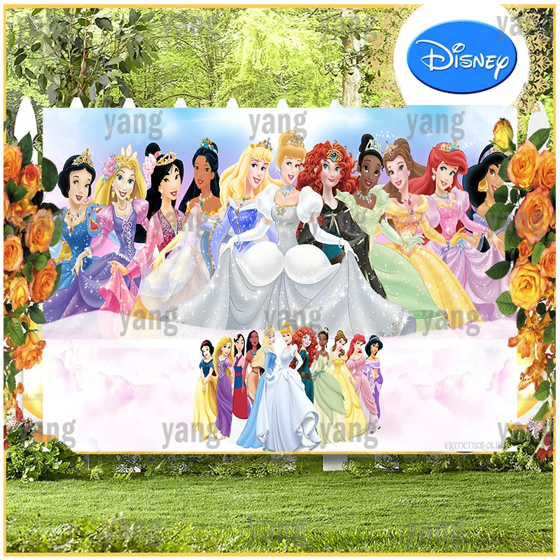 Lovely Disney Tiana Cinderella Belle Aurora Ariel Jasmine Snow White Princess Newborn Birthday Party Banner Backdrop Background