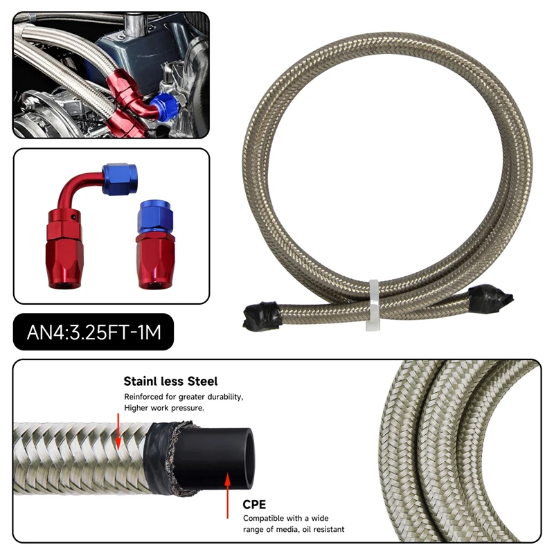 

1M 3Feet AN4 Nylon Stainess Steel Braided Fuel Line Return Oil Feed Line Hose + 90 Deg & 0 Deg Swivel Fittings Black/Silver
