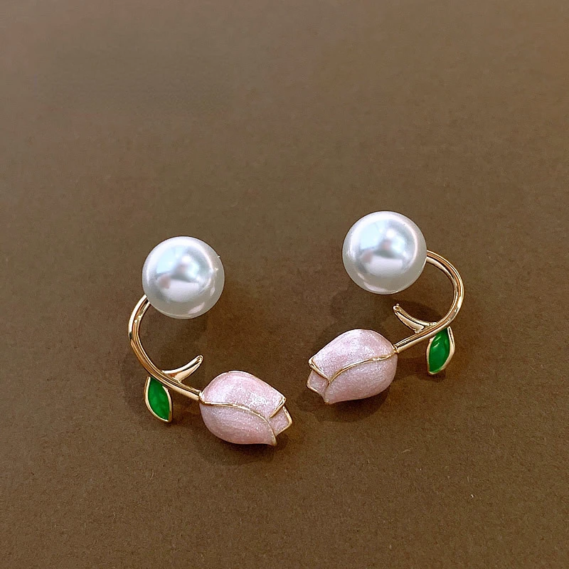 

French Elegant Pink Tulip Flower Pearl Back Earrings 2022 New Jewelry Party Girls Temperament Accessories Luxury Gifts For Women