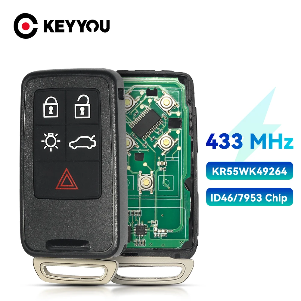 KEYYOU Remote Car Key for Volvo XC60 S60 S60L V40 V60 S80 XC70 KYDZ 5 Buttons 433Mhz FSK ID46/7953 Chip FCCID:KR55WK49264