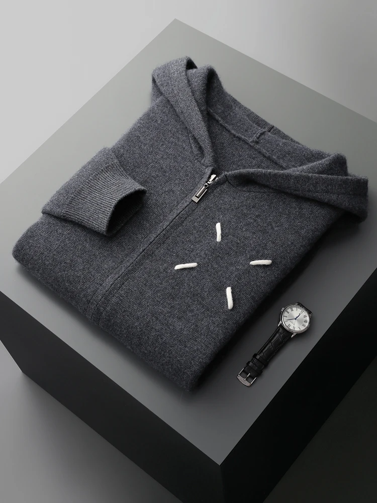 Высококачественный мужской плотный кардиган с капюшоном 100% кашемировый свитер