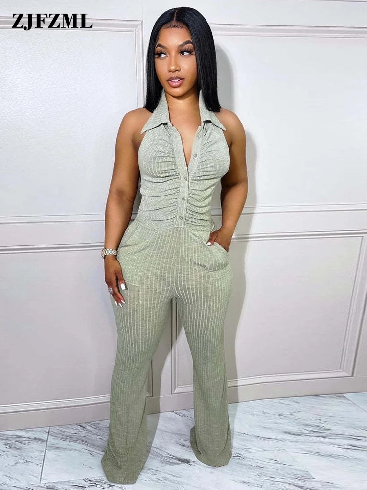 

Simple Women's Knitted Stretchy Flare Romper Vintage Lapel Neck Single Breasted Bodycon Jumpsuit Summer Backless Pocket Outfits