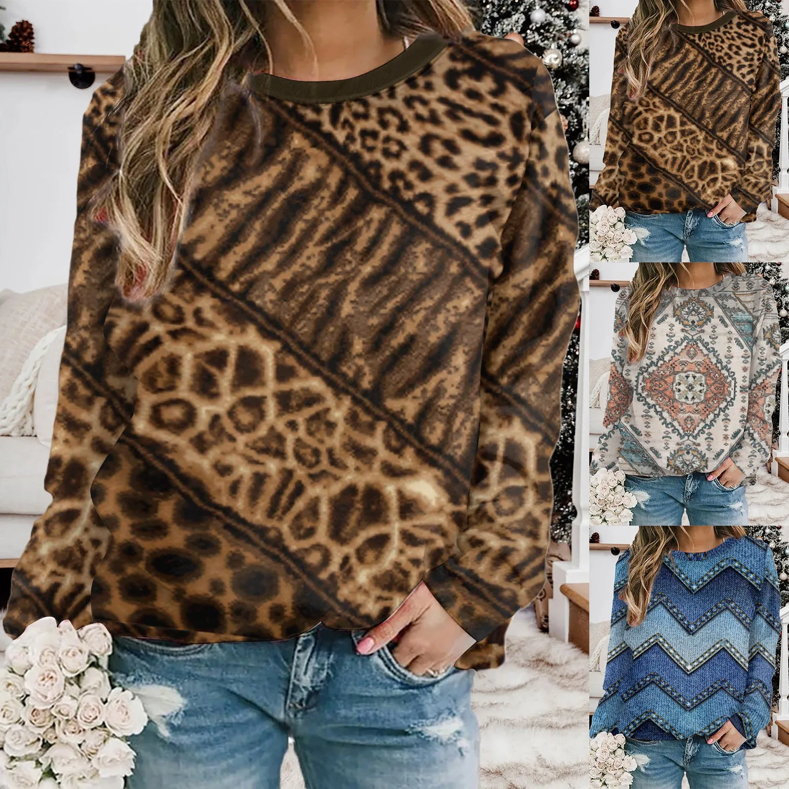 

Женский пуловер с длинным рукавом и круглым вырезом, в этническом стиле