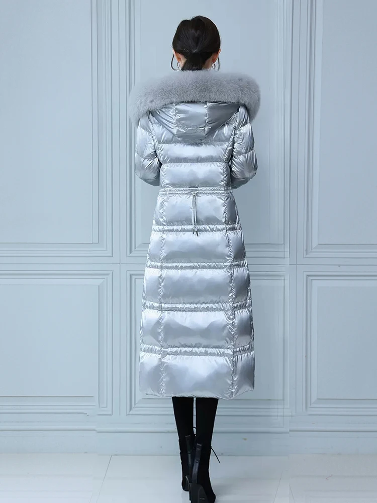 New Women Wash Free Down Coat Winter Fashion Glossy Surface Real Fox Fur Collar Drawstring Lengthened Thicken Warm Down Jacket