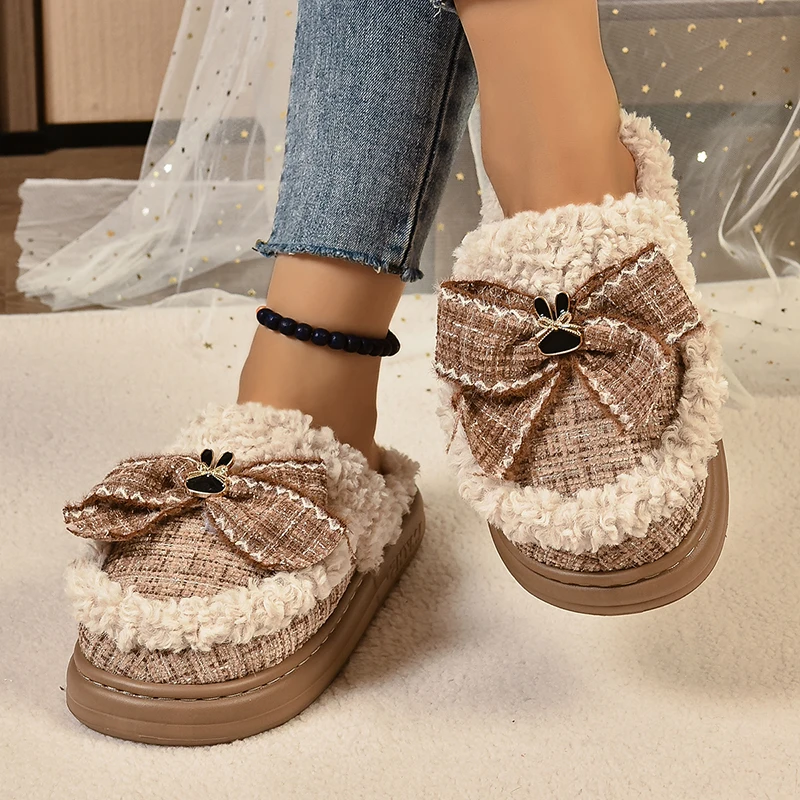 Модные плюшевые домашние тапочки для женщин с узлом-бабочкой теплая