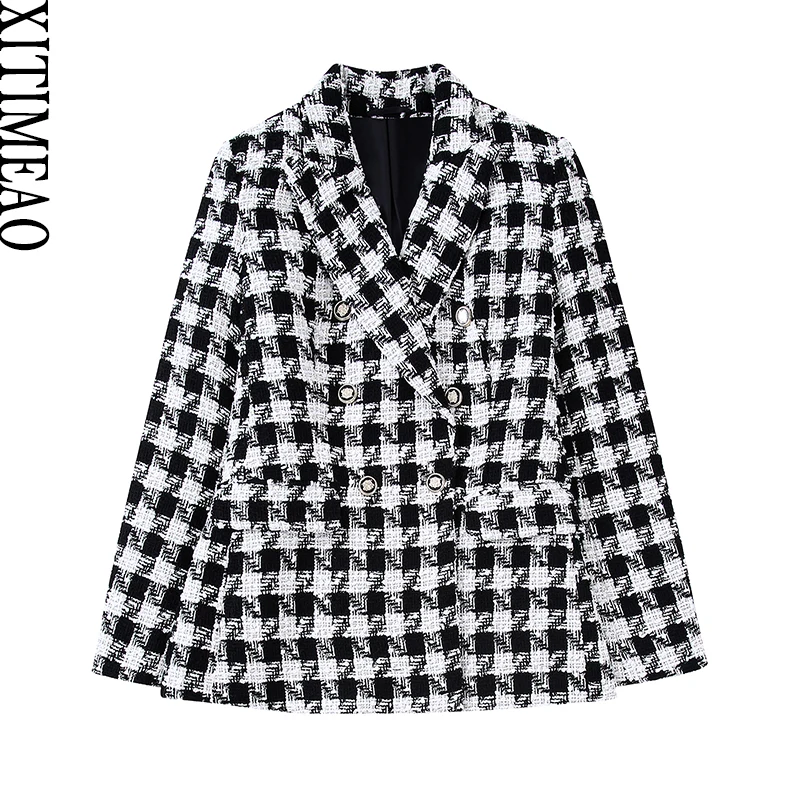 

Xitimeao Women Fashion Houndstooth Checkered Tweed Blazer Coat Vintage Long Sleeve Flap Pockets Female Outerwear Chic Suit