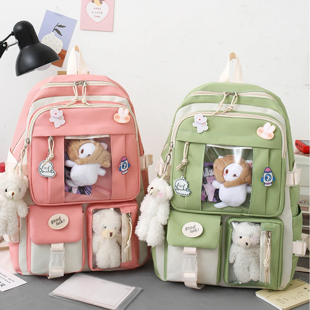 

5 Pcs per set Kawaii School Bags For Teenage Girls Big Capacity Backpack With Shoulders Cute Kids With Cartoon Pendant Schoolbag