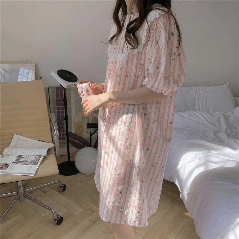 Yasuk Spring Summer Women's Casual Girl Print Flower Lovely Pullover Sleepwear Pajamas Set Skirt Nightdress Ruffles Short Sleeve