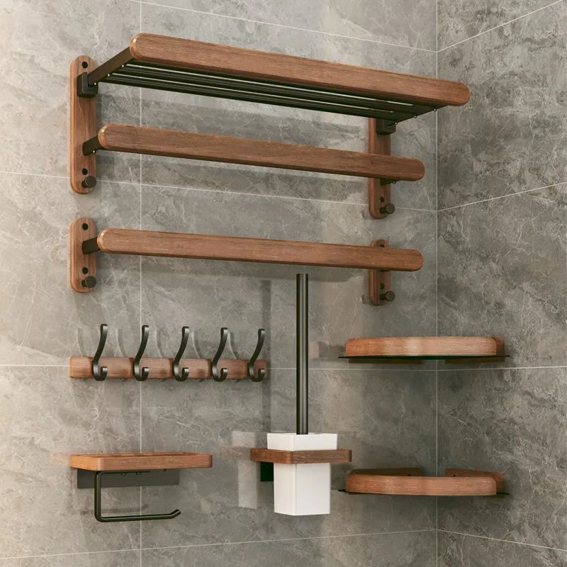 

Walnut Wood Black Bathroom Hardware Set Bathroom Towel Rack Towel Rack Toilet Paper Holder Towel Bar Shelf Bathroom Accessories