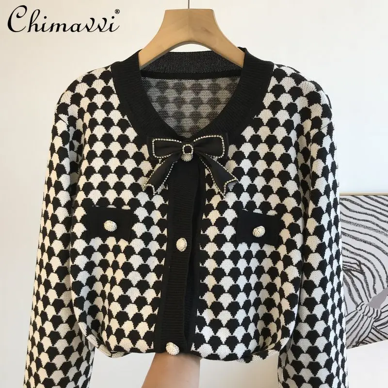 

Женский трикотажный свитер с длинным рукавом, элегантный Укороченный кардиган в стиле «гусиные лапки», в французском ретро-стиле, весна 2022