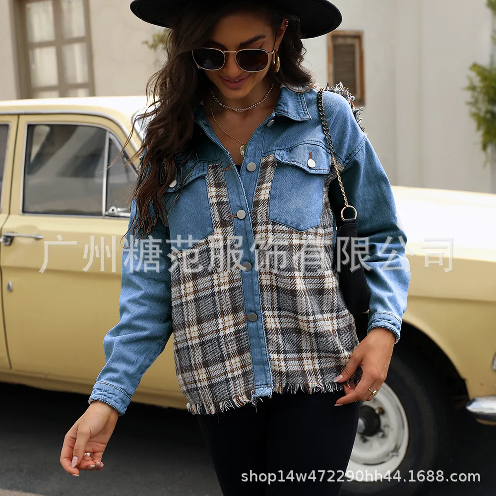 

Женская джинсовая куртка в клетку, с длинным рукавом, на пуговицах