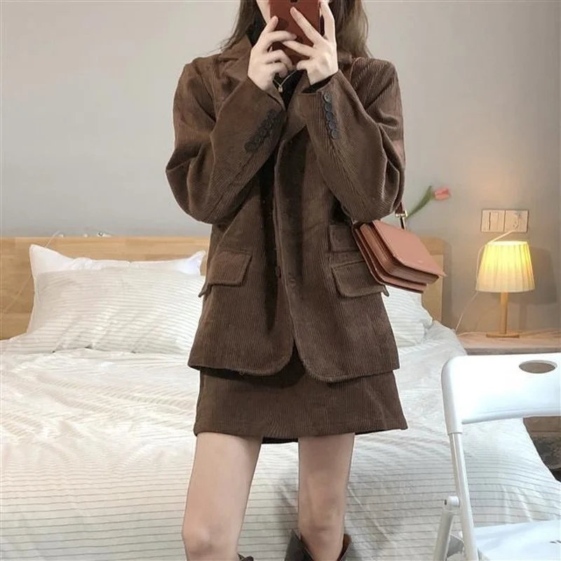 

Women Set Corduroy Blazer Jackets+skirt Solid Korean Fashion Office Lady 2022 Spring Autumn High Street Preppy Casual Woman Suit