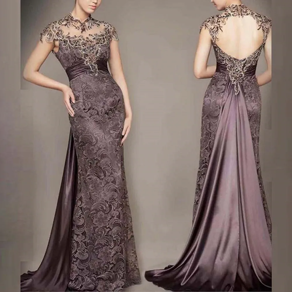 

Womens Latest Slim Lace High Collar Cap Sleeves Applique Floor Length Mother of the Bride Dresses Back Out Wedding Party Gowns