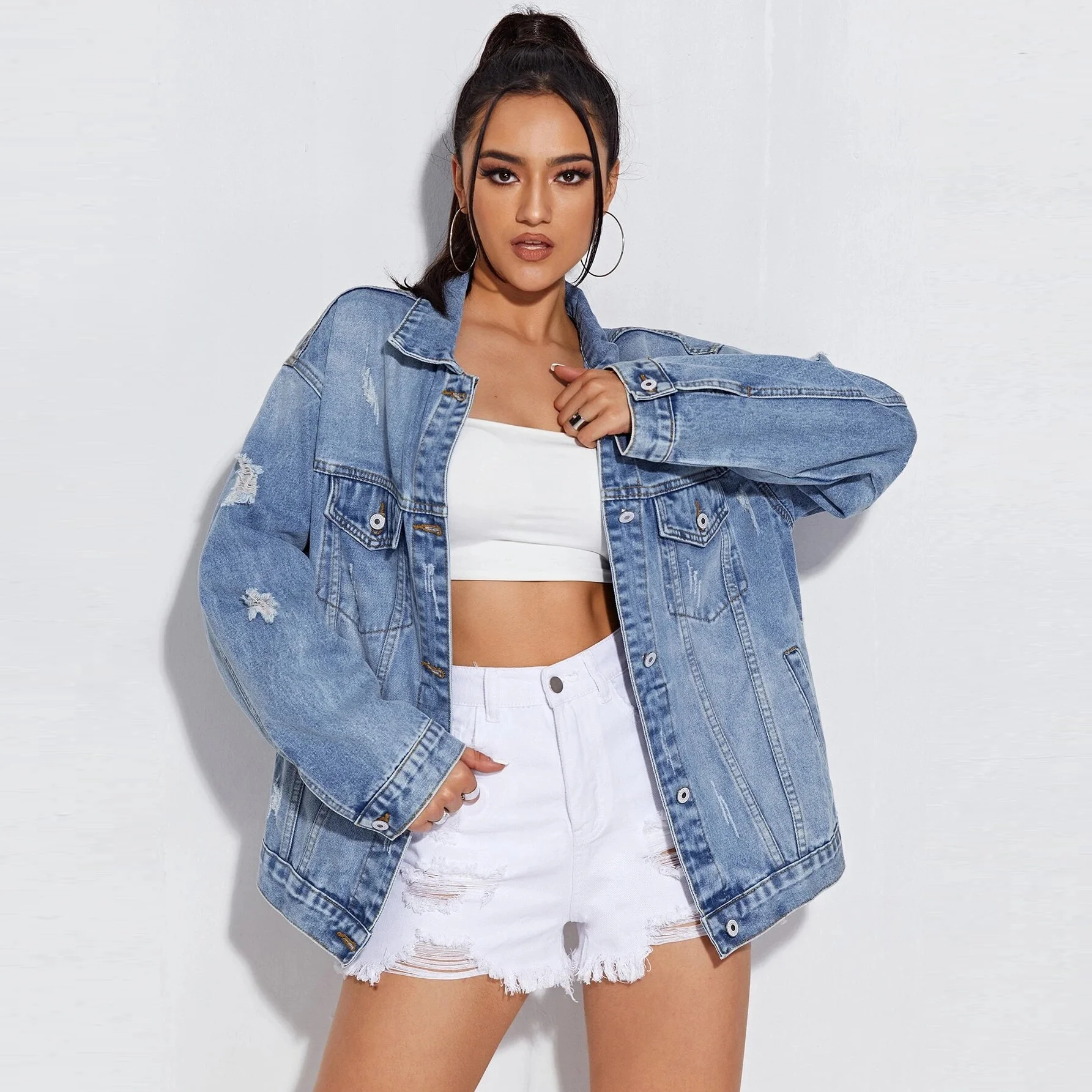 

2022 New Women Fashion Jacket Long Sleeve Solid Color Lapel Pocket Patchwork Single-breasted OL Commuter Ladies Denim Jacket