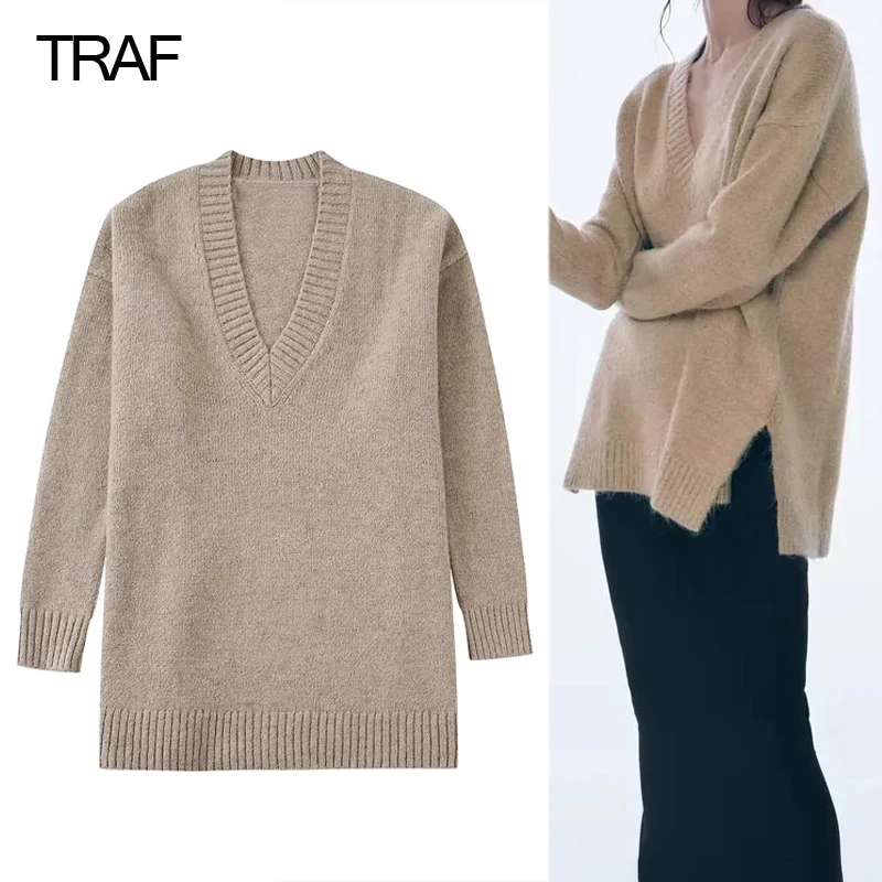 

Женский трикотажный свитер в рубчик, с V-образным вырезом