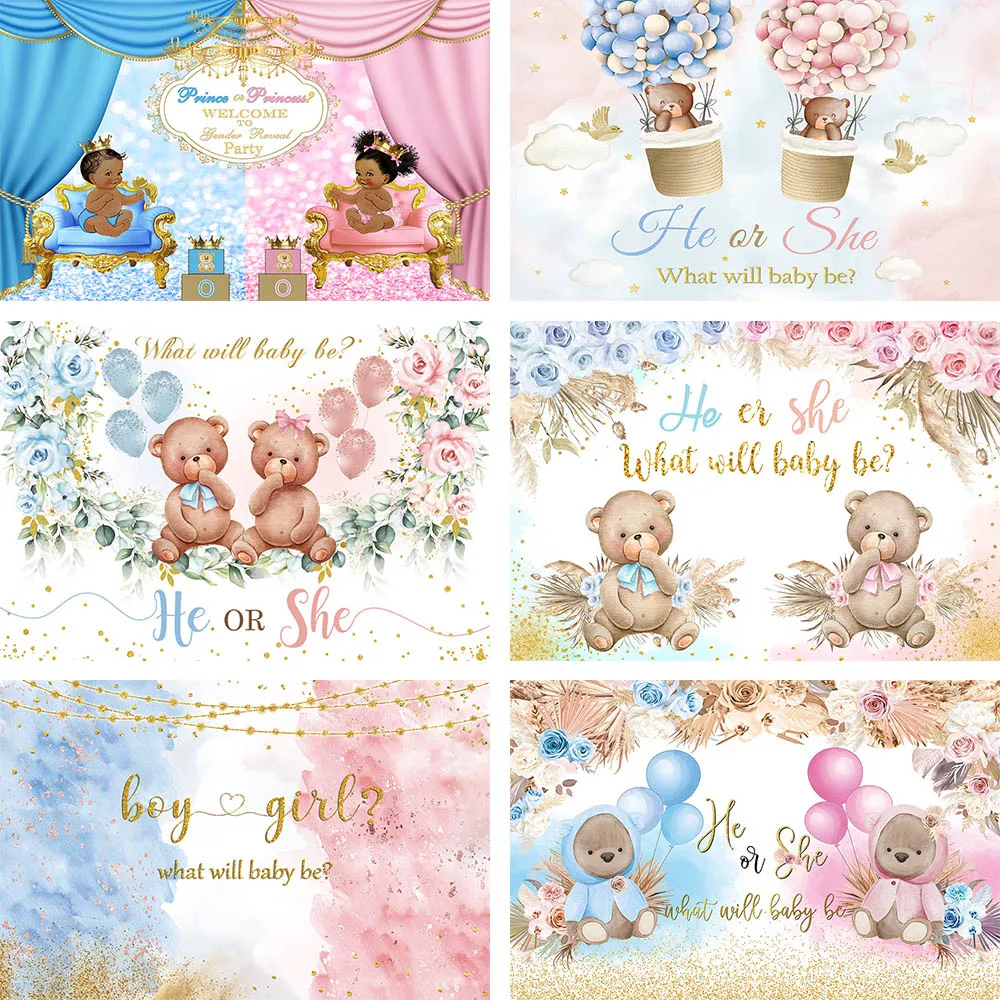 

Mehofond Prince or Princess Gender Reveal Backdrop Baby Shower Photocall Photography Backdground for Boy or Girl Decor Banner