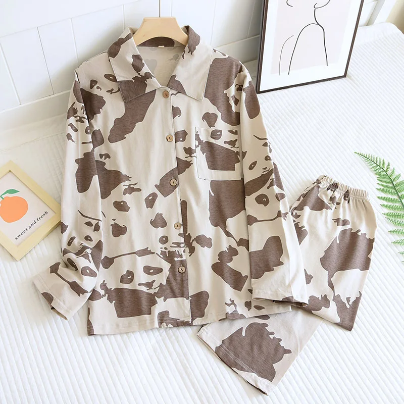 Cartoon Panda Pajamas Suit Couple Models Knitted Cotton Nightwear Four Seasons Thin Men Women Long-sleeved Trousers Home Clothes