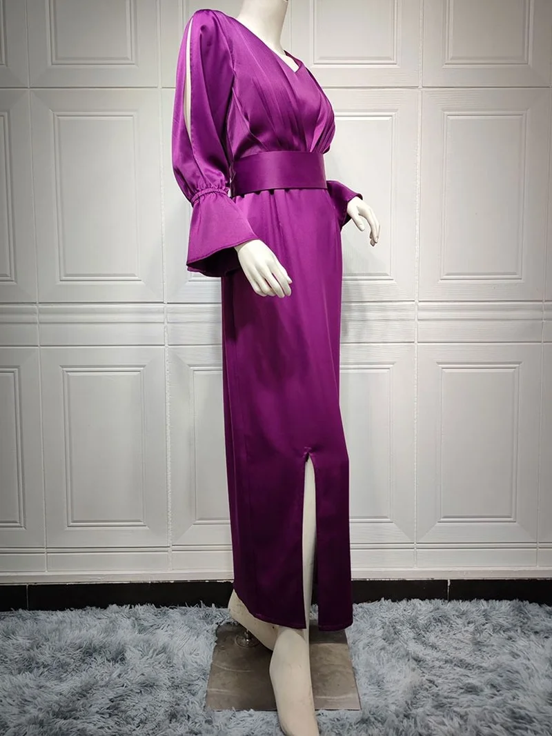 Party Abaya Arabic Evening Dress Women Satin Open Sleeves Front Pleated Muslim Long Dress Belted Islam Dubai Hem Split Abayas